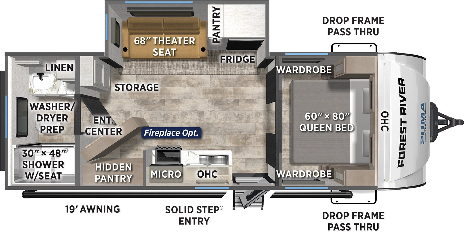 The Puma Tracks 2420RBS floorplan has one entry and one slide out. Exterior features include: fiberglass exterior and 19' awning. Interiors features include: front bedroom and rear bathroom.